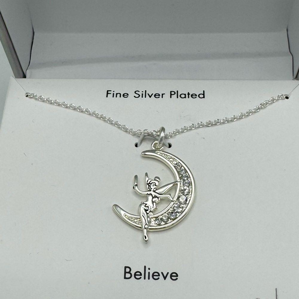DISNEY TINKERBELL CRYSTAL MOON PENDANT NECKLACE Silver Plated